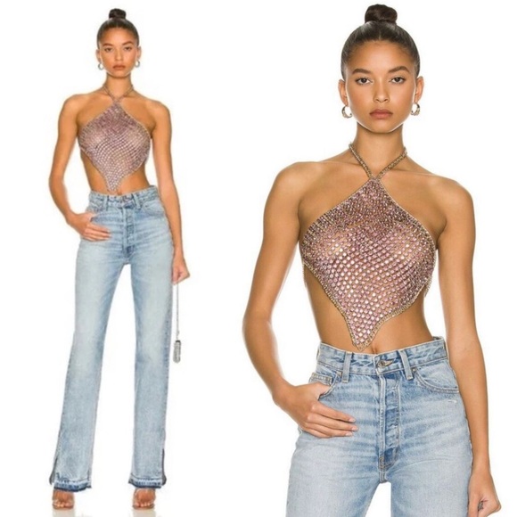 NWT h:ours Oaklyn Halter Crystal Top S Purple Chain Gold Handkerchief Rhinestone